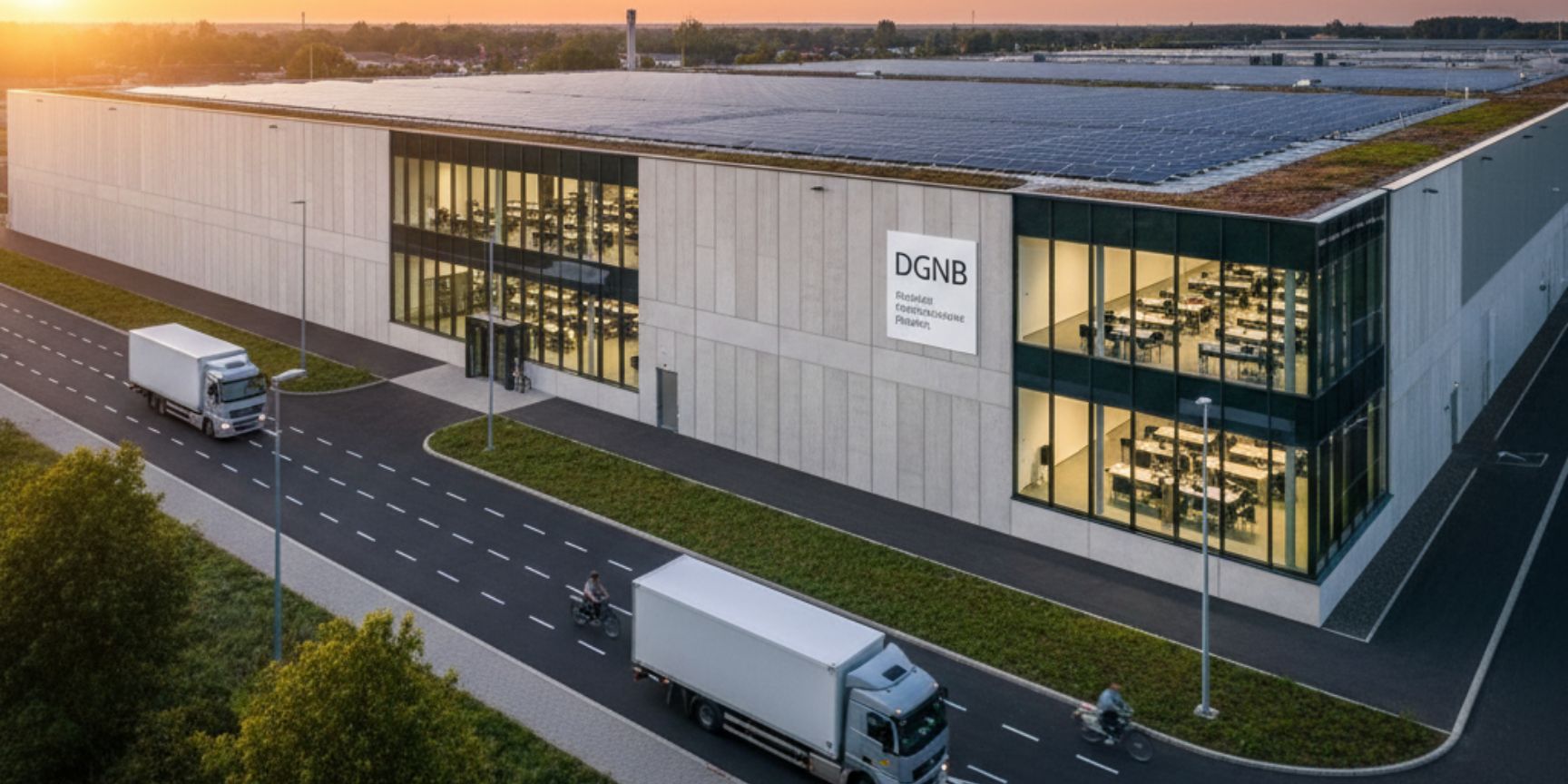 Drohnenaufnahme einer modernen, nachhaltig zertifizierten Logistikhalle bei Sonnenuntergang. Das Gebäude verfügt über eine Photovoltaikanlage auf dem Dach, eine extensive Dachbegrünung und große Fensterfronten für Tageslicht. Zwei Lastwagen fahren auf der Zufahrtsstraße, was die Integration in die Logistikprozesse verdeutlicht. Das DGNB-Logo ist prominent an der Fassade angebracht.